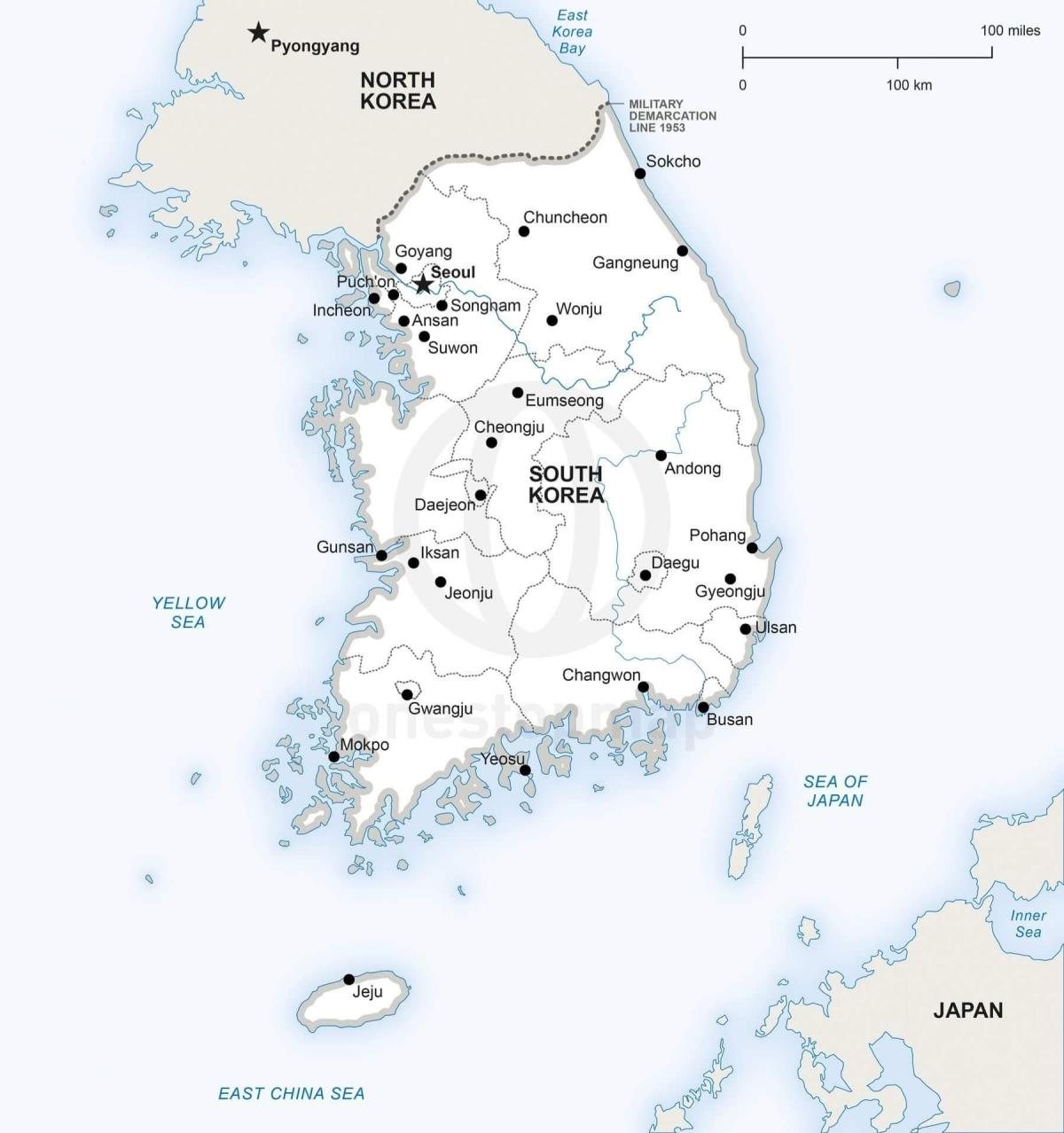 Mapa de Corea del Sur (ROK) con las principales ciudades